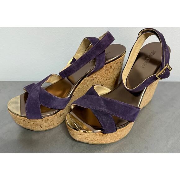 Jimmy Choo Purple Wedge Suede Upper Heels for Women Size 38.5 Us 8 gold accents - Picture 2 of 9